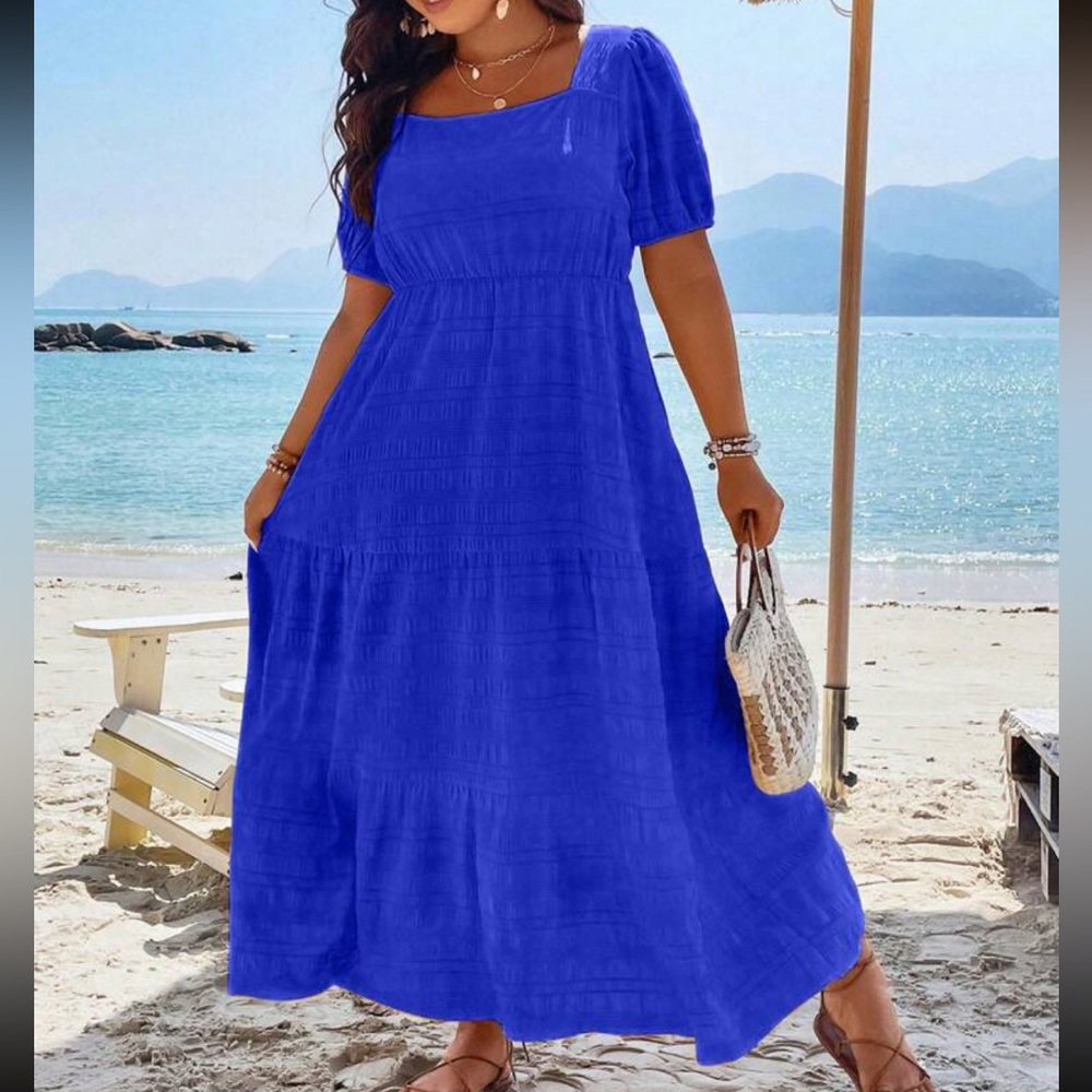 Boho plus size comfy square neck puff sleeve ruffle hem maxi dress - Picture 13 of 16